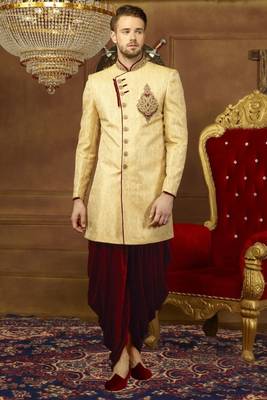 Fawn embroidered brocade sherwani 1