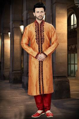 Orange embroidered art silk sherwani 1