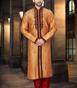 Orange embroidered art silk sherwani