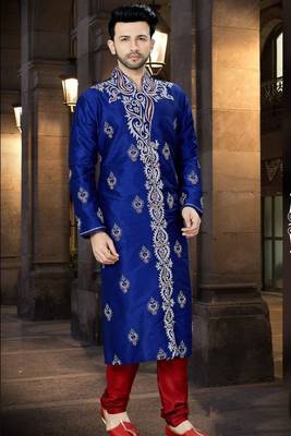 Blue embroidered art silk sherwani 1
