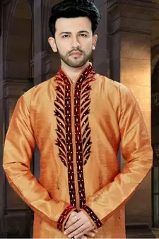 Orange embroidered art silk sherwani
