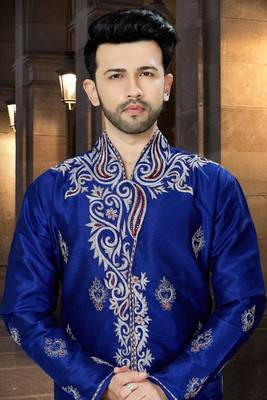 Blue embroidered art silk sherwani 2