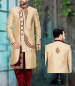 Fawn embroidered art silk sherwani