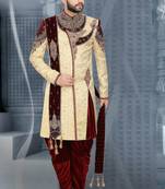 Fawn embroidered brocade sherwani