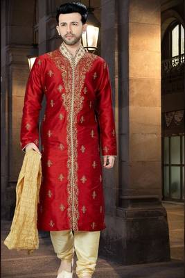 Maroon embroidered art silk sherwani 1