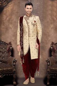 Fawn embroidered brocade sherwani