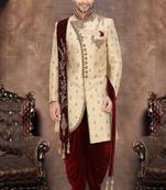 Fawn embroidered brocade sherwani
