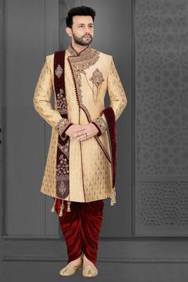 Fawn embroidered art silk sherwani 1