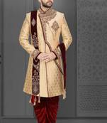 Fawn embroidered art silk sherwani