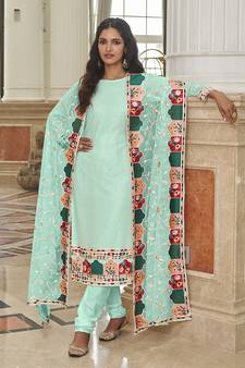 Sky-blue embroidered georgette salwar kameez