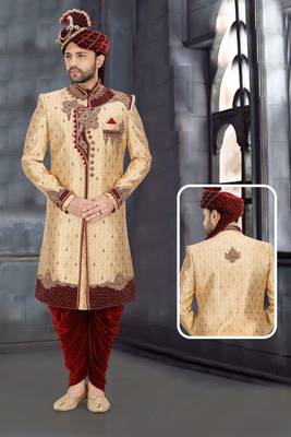 Fawn embroidered brocade sherwani 1