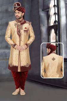 Fawn embroidered brocade sherwani