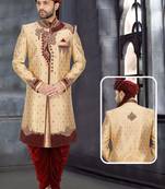 Fawn embroidered brocade sherwani
