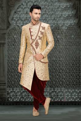 Fawn embroidered brocade sherwani 1