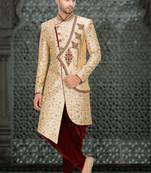 Fawn embroidered brocade sherwani