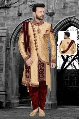 Fawn embroidered brocade sherwani 1