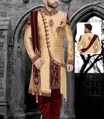 Fawn embroidered brocade sherwani
