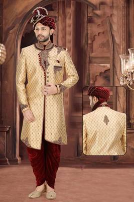 Fawn embroidered brocade sherwani 1