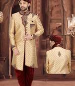 Fawn embroidered brocade sherwani