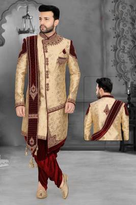 Fawn embroidered brocade sherwani 1