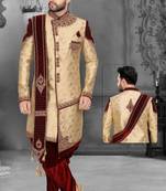 Fawn embroidered brocade sherwani