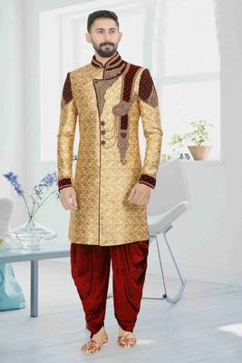 Fawn embroidered brocade sherwani 1