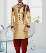 Fawn embroidered brocade sherwani