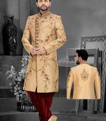 Fawn embroidered art silk sherwani