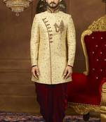Fawn embroidered brocade sherwani