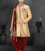 Fawn embroidered brocade sherwani