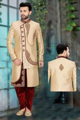 Fawn embroidered art silk sherwani 1