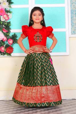 Kids Red New south Indian traditional pattu pavadai Jacquard Lehenga choli for girls dress 1