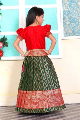 Kids Red New south Indian traditional pattu pavadai Jacquard Lehenga choli for girls dress 2