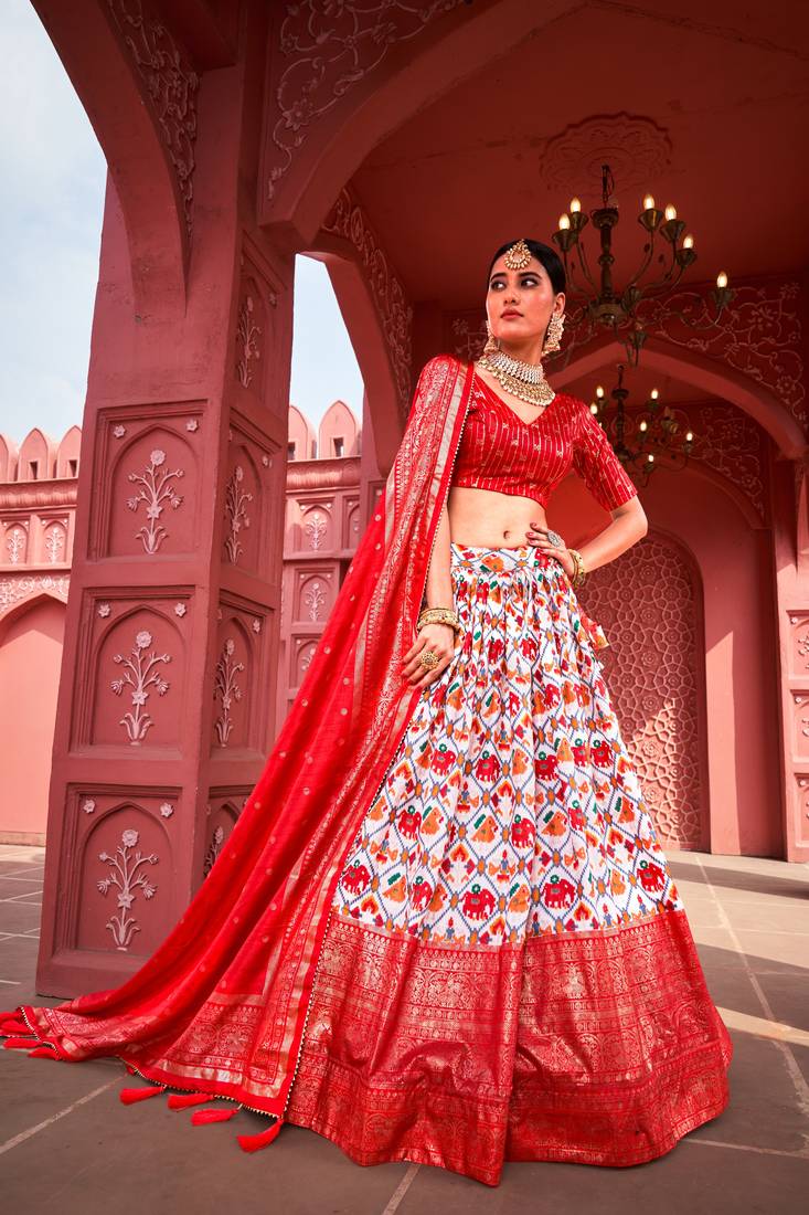 Women's Wear Red Dola Silk And Patola Print With Foil Work Patta For Wedding Lehenga Choli