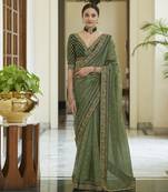 Olive Green Dori, Zari &  Sequins Embroidered Organza Party Wear Bridal Wedding Festival Saree
