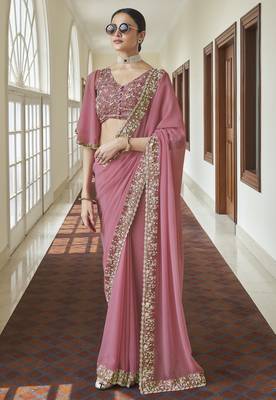Pink Zari Resham & Beads Embroidered Georgette Party Wear Bridal Wedding Festival Saree 1