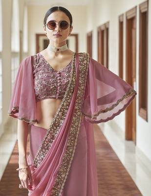 Pink Zari Resham & Beads Embroidered Georgette Party Wear Bridal Wedding Festival Saree 3