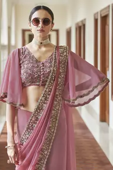 Pink Zari Resham & Beads Embroidered Georgette Party Wear Bridal Wedding Festival Saree