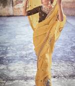 Mustard Zari, Mirror, & Thread Embroidered Organza Party Wear Bridal Wedding Festival Saree With Blouse