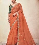 Orange Dori, Mirror,Beads & Thread Embroidered Organza Party Wear Bridal Wedding Festival Saree With Blouse