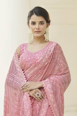 Georgette Sequin Embroidered Baby Pink Saree for Women 3