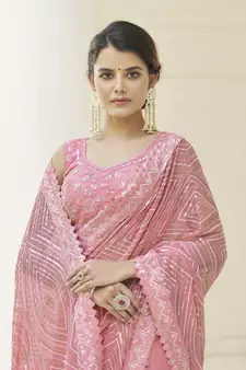 Georgette Sequin Embroidered Baby Pink Saree for Women