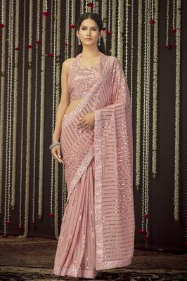 Glamourous Baby Pink Sequins, Thread Embroidered Georgette Saree With Art Silk Blouse 1