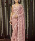 Glamourous Baby Pink Sequins, Thread Embroidered Georgette Saree With Art Silk Blouse