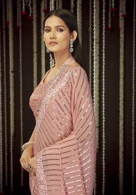Glamourous Baby Pink Sequins, Thread Embroidered Georgette Saree With Art Silk Blouse 3