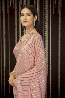 Glamourous Baby Pink Sequins, Thread Embroidered Georgette Saree With Art Silk Blouse