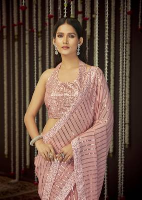 Glamourous Baby Pink Sequins, Thread Embroidered Georgette Saree With Art Silk Blouse 4