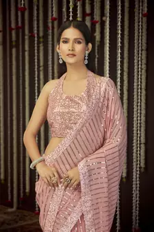 Glamourous Baby Pink Sequins, Thread Embroidered Georgette Saree With Art Silk Blouse