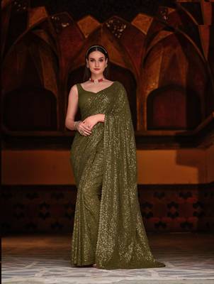 Latest Mahendi Green Sequence Embroidered Georgette Saree With Unstitched Blouse Fabric 1