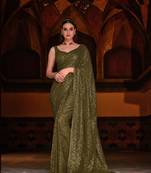Latest Mahendi Green Sequence Embroidered Georgette Saree With Unstitched Blouse Fabric